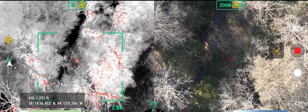 Drone flight screen showing a thermal view with a hot spot marked, beside the visible view of the same timber